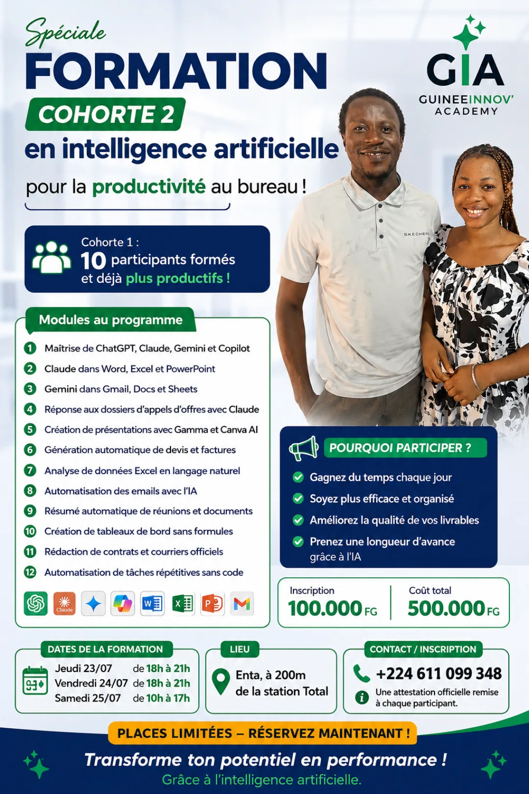 Affiche de la Cohorte 2 de la formation Intelligence artificielle pour la productivité au bureau à Enta, Conakry